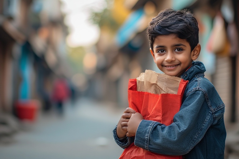 Child holding a paper bag with folded dress