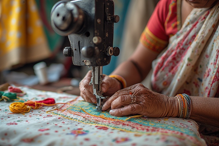 Close-up of thread and fabric being stitched